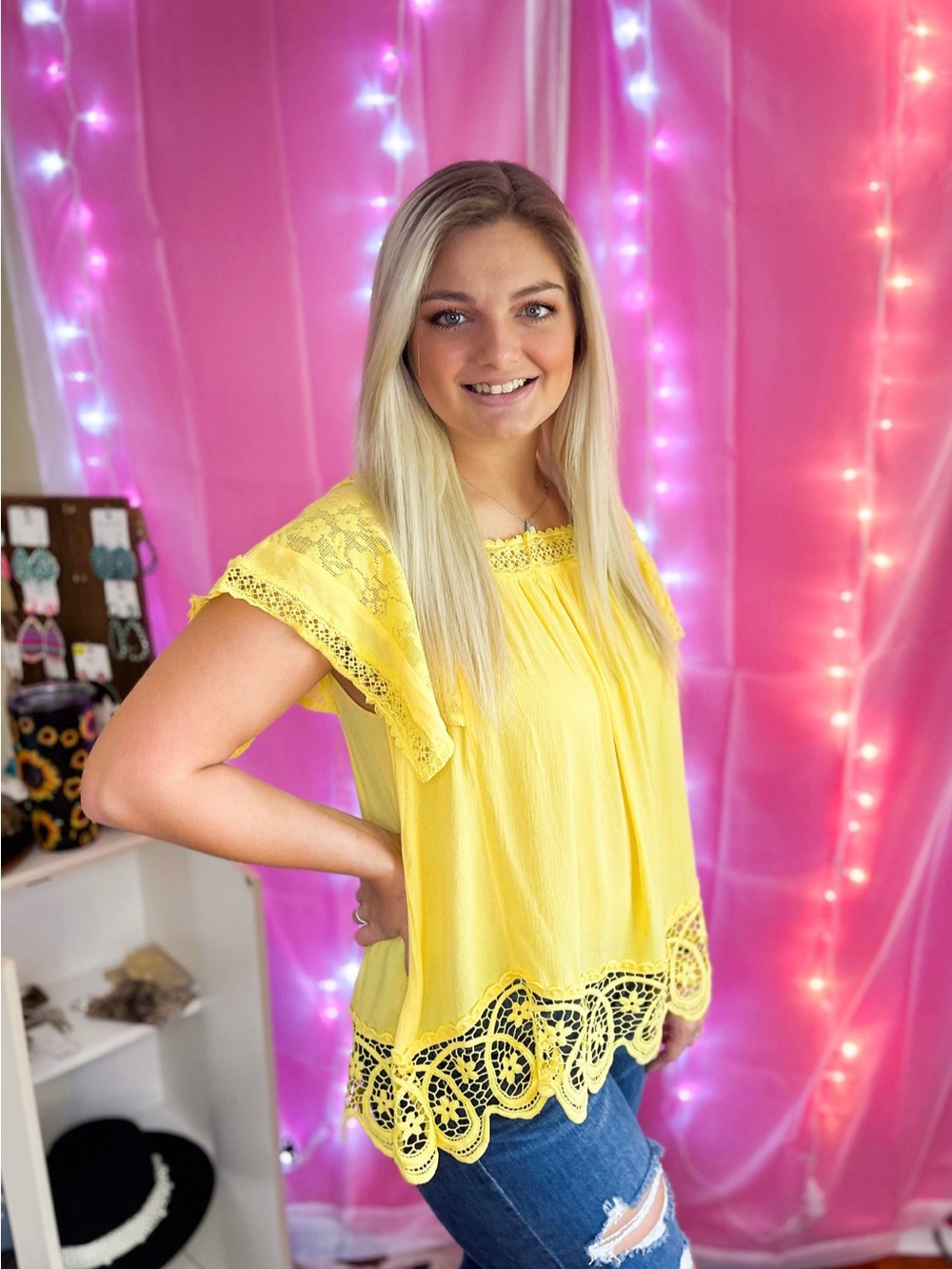 DAVI & DANI Bright Yellow Lace-Trim Flutter Sleeve top